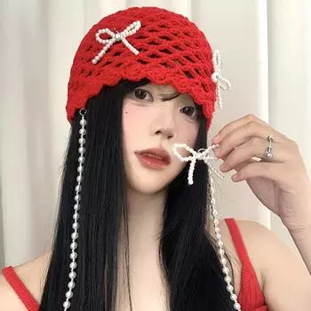 Корейский сладкий жемчужный бант ремешок дизайн красные шапки шапки для женщин лето и осень путешествия универсальные ретро полые пуловеры шапки 56-58cm красный