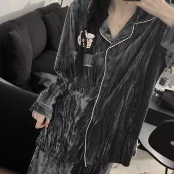 Корейский стиль бархатная пижама женская осенне-зимняя пижама с длинным рукавом повседневная ночная рубашка пижамный костюм домашняя одежда комплект для сна M
