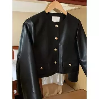 Корейский стиль черные куртки женские новые модные винтажные однобортные кожаные куртки женские уличные короткие куртки с круглым вырезом S чёрный