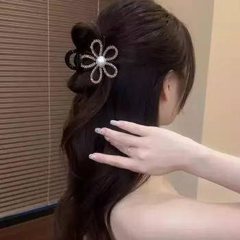 Корейский стиль Цветочный жемчуг Акула заколка блестящий коготь волос горный хрусталь Акула заколка женский чёрный