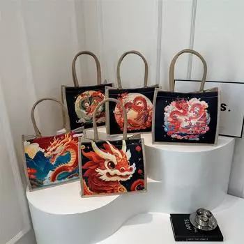 Корейский стиль Холщовая сумка для женщин Весна Новый стиль Этнический стиль Дракон мультфильм принт Студенческая повседневная модная сумка
