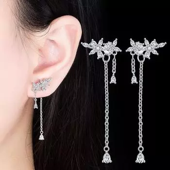 Корейский стиль Элегантные серьги-гвоздики средней длины с кисточками и пятью лепестками в виде цветка, японские аксессуары для девочек