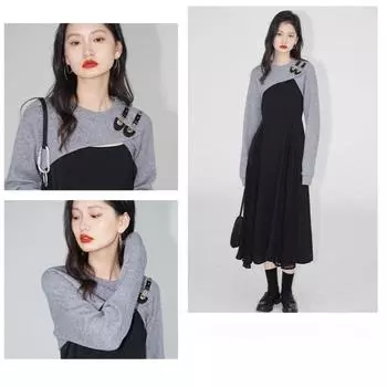 Корейский стиль Kawaii платье-комбинация женское Kpop повседневное дизайнерское школьное черное платье осенние уличные костюмы S