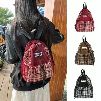 Корейский стиль клетчатые рюкзаки дорожные студенческие школьные сумки повседневные клетчатые сумки на шнурке для подростков чёрный