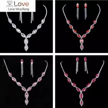 Корейский стиль корейская мода блестящие стразы кисточки свадебный комплект аксессуары ожерелье серьги комплект из двух предметов темперамент ювелирные изделия 45cm красный