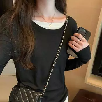Корейский стиль круглый вырез черный и белый контрастный имитация двух частей топ с длинными рукавами для женщин осень и зима новый стиль Ins Bottoming футболка S