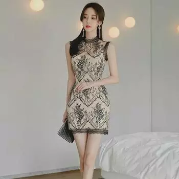 Корейский стиль кружева сращивание прозрачное платье бедра - элегантный и стройнящий 2025 Small абрикосовый/чёрный