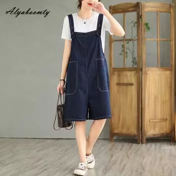 Корейский стиль Летние женские джинсовые комбинезоны Базовые синие однотонные повседневные свободные комбинезоны Винтажные мешковатые карманы Широкие штанины Короткие комбинезоны M