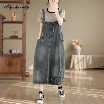 Корейский стиль, летний женский джинсовый сарафан, подтяжки, повседневное свободное платье с карманами и кисточками, элегантное платье без рукавов с вышивкой M