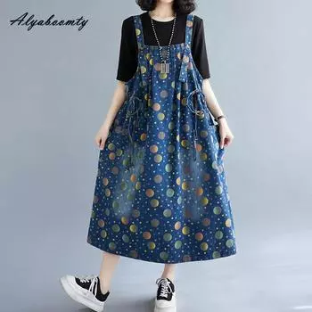 Корейский стиль, летний женский принт, джинсовый сарафан миди, подтяжки, винтажное повседневное свободное платье на шнуровке, стильное платье без рукавов с мешковатыми карманами M