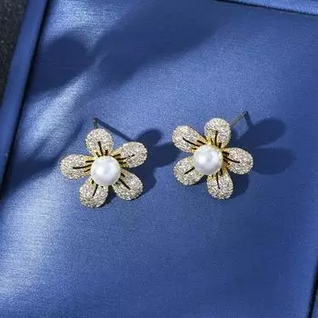 Корейский стиль, милые эффектные серьги с цветочным жемчугом для женщин, серьги-гвоздики с микро-паве из кубического циркония, дизайнерские модные украшения