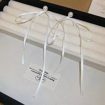 Корейский стиль Милые свежие ленточные серьги-гвоздики с подвесками в виде банта, модные серьги-гвоздики с жемчугом и сердечками, пряжки для ушей для девочек, украшения для балетных ушей белый