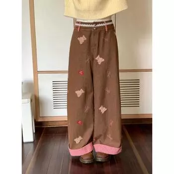 Корейский стиль, мода, милая девушка, вышивка медведя, винтажные коричневые женские широкие брюки, осень-зима, свободные повседневные брюки Y2k S коричневый