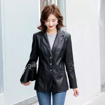 Корейский стиль Модная женская кожаная куртка Женская куртка из искусственной кожи Женская тонкая кожаная куртка Повседневная одежда XXXXXL чёрный