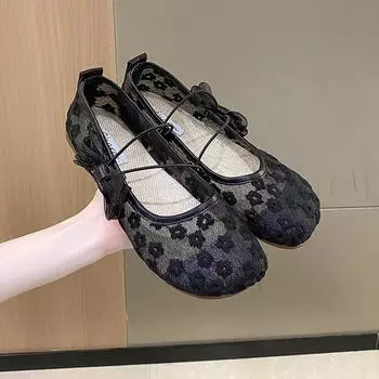 Корейский стиль Модные одинарные туфли для женщин 2024 Лето Новые банты кружева сетки дышащие плоские подошвы женские туфли Zapatos De Mujer 35