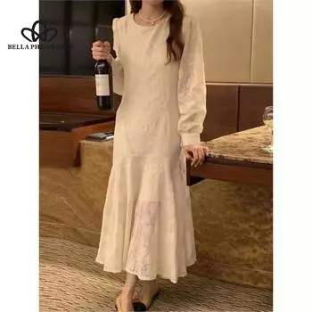 Корейский стиль, нежное повседневное свободное возрастное платье с цветочной вышивкой, однотонное платье с круглым вырезом и длинными рукавами XS бежевый