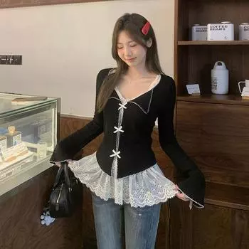 Корейский стиль, низкий вырез, бант, ажурный дизайн, длинные рукава, женский осенне-зимний многослойный кружевной жилет, нижний топ S
