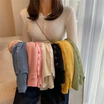 Корейский стиль осень зима новый свитер женский с круглым вырезом длинный рукав пуговицы эластичный джемпер элегантный тонкий трикотажные топы 2024 S чёрный