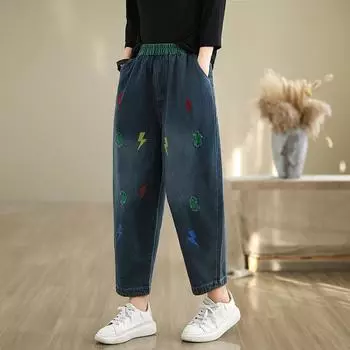Корейский стиль осень-зима женские джинсы-шаровары с высокой талией вышитые буквы повседневные свободные джинсовые капри стильные универсальные женские брюки M