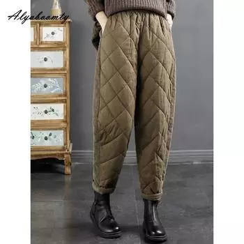 Корейский стиль осень-зима женские теплые брюки с высокой талией свободные черные коричневые хаки пэчворк брюки базовые однотонные шаровары M