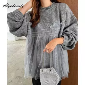 Корейский стиль осень зима женский уличный свитер с круглым вырезом бежевый серый черный сетчатый пэчворк свитер повседневный свободный свитер большого размера One Size