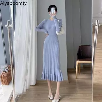 Корейский стиль, осень-зима, женское длинное платье-свитер, абрикосовое, черное, розовое, вязаное теплое платье, женское платье русалки с оборками One Size чёрный