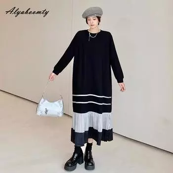 Корейский стиль осень-зима женское платье больших размеров черное платье с круглым вырезом свободное лоскутное платье с длинным рукавом мешковатые оборки повседневное свободное платье L чёрный