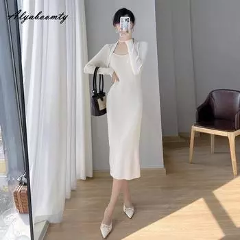 Корейский стиль осень-зима женское трикотажное платье А-силуэта квадратный воротник бежевый черный красный трикотажное платье элегантное женственное женское платье One Size чёрный