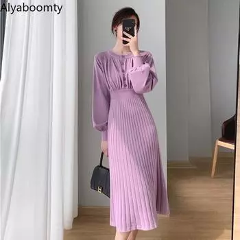 Корейский стиль, осенне-зимнее женское платье миди, черное, фиолетовое, абрикосовое, вязаное платье большого размера, с рукавами-фонариками, плотное теплое шикарное платье One Size абрикосовый