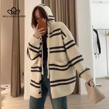 Корейский стиль, осенне-зимний новый полосатый свитер с капюшоном, женский свободный ленивый стиль, большой размер, мягкий восковой вязаный кардиган ONE SIZE бежевый