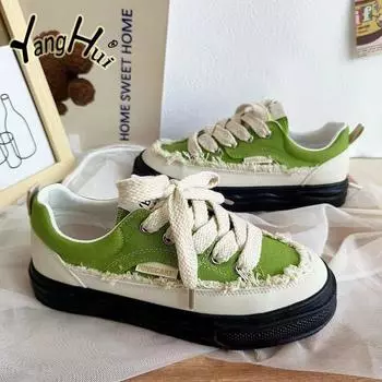 Корейский стиль парусиновые сращивания высокие женские туфли 2024 мода универсальные сочетающиеся цвета противоскользящие повседневные туфли весна лето 35 небесно-голубой