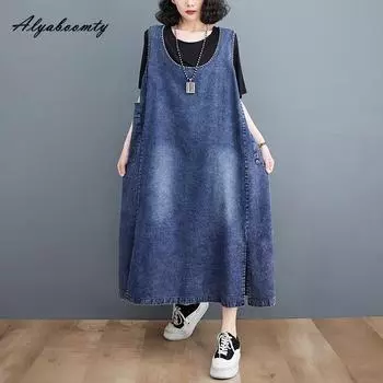 Корейский стиль плюс размер летний женский джинсовый сарафан с круглым вырезом винтажный синий негабаритный повседневный свободный майка платье без рукавов с разрезом и карманом M синий