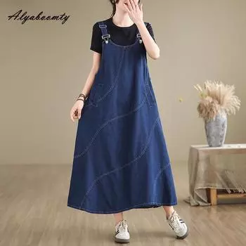 Корейский стиль плюс размер женский синий джинсовый сарафан подтяжки повседневное свободное однотонное платье миди без рукавов мешковатое универсальное платье с карманами M