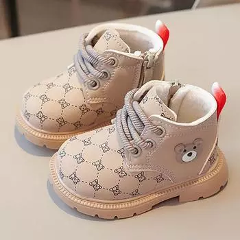 Корейский стиль Плюшевые сапоги для маленьких девочек из искусственной кожи Модные хлопковые туфли с мягкой подошвой Нескользящие сапоги из искусственного меха для мальчиков 17 розовый