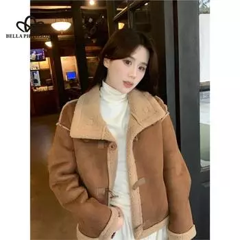 Корейский стиль, повседневное свободное зимнее новое стильное теплое пальто, короткое однобортное пальто из овечьей шерсти на осень и зиму onesize розовый