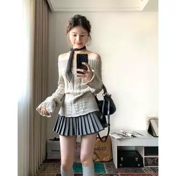 Корейский стиль сексуальный свитер с открытыми плечами женский милый элегантный вязаный пуловер с длинным рукавом милый модный облегающий свитер S бежевый