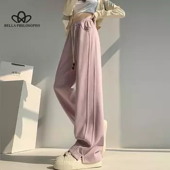 Корейский стиль, широкие брюки с боковым разрезом, женские осенние новые пустынные серые спортивные брюки с высокой талией, прямые повседневные брюки