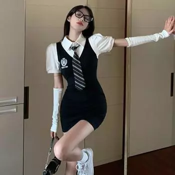 Корейский стиль школьного платья в консервативном стиле с искусственным воротником-поло облегающие черные тонкие мини-короткие платья осень S чёрный