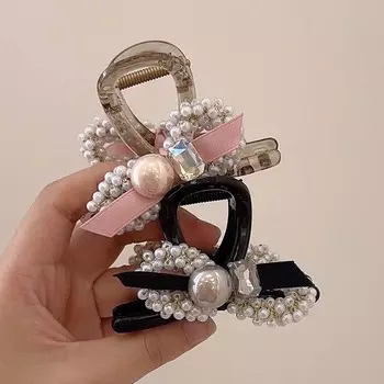 Корейский стиль смоляные банты заколки для волос для женщин темперамент заколка для волос искусственный жемчуг циркон держатели для хвостиков аксессуары для волос французский зажим для волос 8cm чёрный