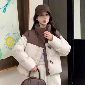 Корейский стиль свободный пуховик с цветными блоками с роговыми пуговицами и модной формой хлеба для женщин S