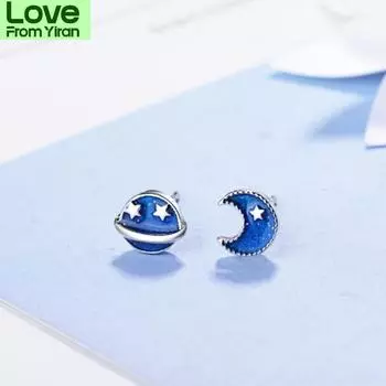 Корейский стиль темперамент простые и милые ювелирные изделия из стерлингового серебра 925 пробы луна и звезда голубая планета женские серьги E074 синий