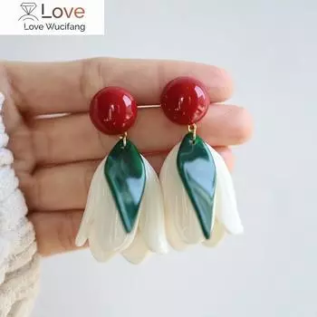 Корейский стиль темперамент смолы тюльпан цветок серьги клипсы мода большой простой белый цветок клипсы на серьги без пирсинга