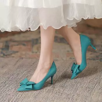 Корейский стиль, темпераментные туфли на высоком каблуке, новая весенняя мода, туфли на шпильке с острым носком, туфли с бантом и неглубоким носком 34 синий