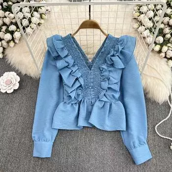 Корейский стиль Темпераментный передний и задний V-образный вырез с рюшами и длинными рукавами Универсальный свободный плиссированный короткий топ в западном стиле