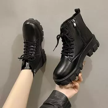 Корейский стиль, удобные женские туфли до середины голени с боковой молнией, осенне-зимние новые модные женские ботинки на толстой подошве со шнуровкой 35 чёрный