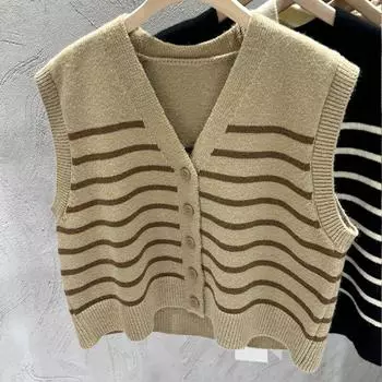 Корейский стиль, v-образный вырез, полосатый вязаный жилет, модный жилет без рукавов на пуговицах, кардиган, осень-зима, однобортные тонкие топы 29055 One Size чёрный