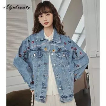 Корейский стиль, весенне-осенняя женская джинсовая куртка большого размера с отложным воротником и цветочной вышивкой, повседневное пальто, элегантная свободная верхняя одежда для девочек