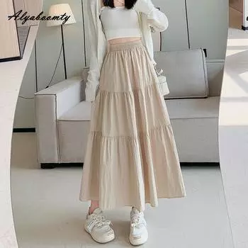 Корейский стиль, весна-лето, женская юбка-миди с высокой талией, на шнуровке, черные, кофейные, элегантные женские юбки с карманами One Size чёрный