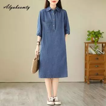 Корейский стиль, весна-лето, женское джинсовое платье с отложным воротником, синее повседневное свободное платье с карманами, простое однотонное элегантное платье M синий