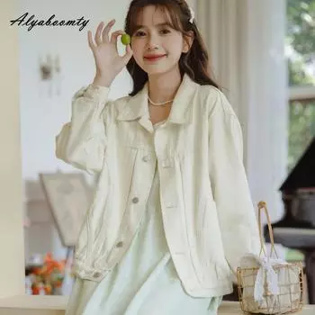 Корейский стиль, весна-осень, женская джинсовая куртка большого размера с отложным воротником, повседневное свободное однотонное короткое пальто с длинными рукавами, элегантная верхняя одежда для девочек